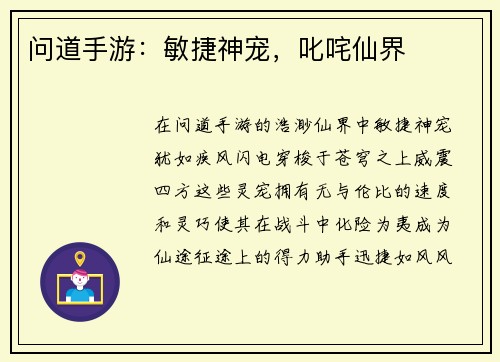 问道手游：敏捷神宠，叱咤仙界